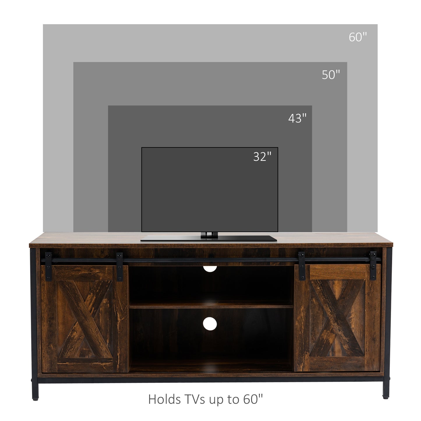 Industrial TV Stand for TVs up to 60", TV Console with Storage and 2 Sliding Barn Doors, Freestanding Entertainment Unit for Living Room, Brown