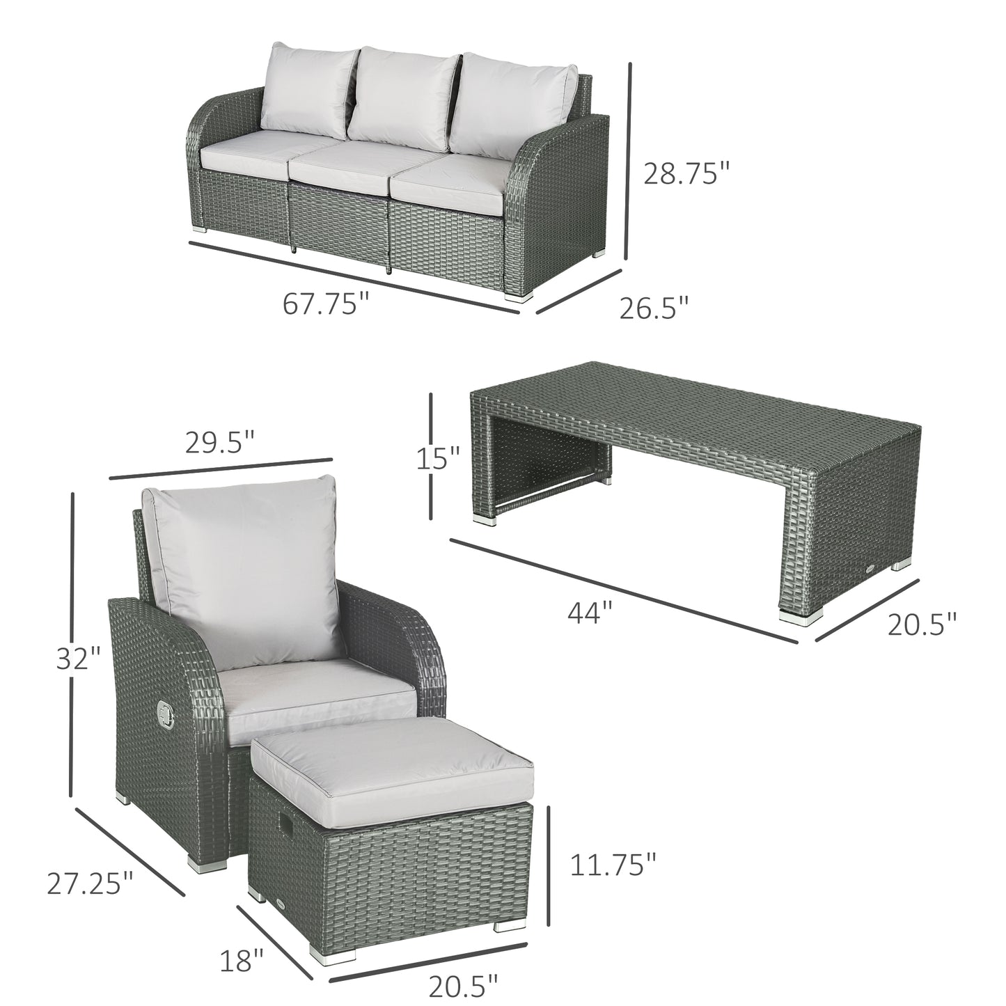 Outsunny 6 Pieces Patio Furniture Set, Outdoor rattan Sectional Furniture with recliner, for Lawn Garden Backyard