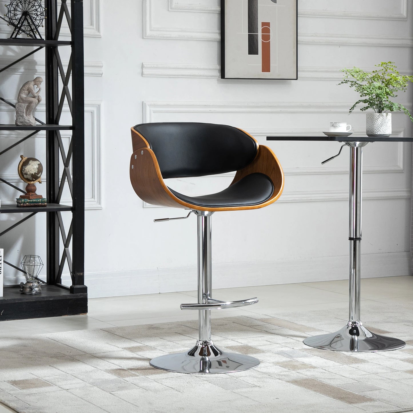 Modern Style Adjustable Bar Chair, PU Leather Swivel Bar Stool with Back, Footrest for Kitchen, Home Bar, Counter, Coffee Shop, Black and Walnut