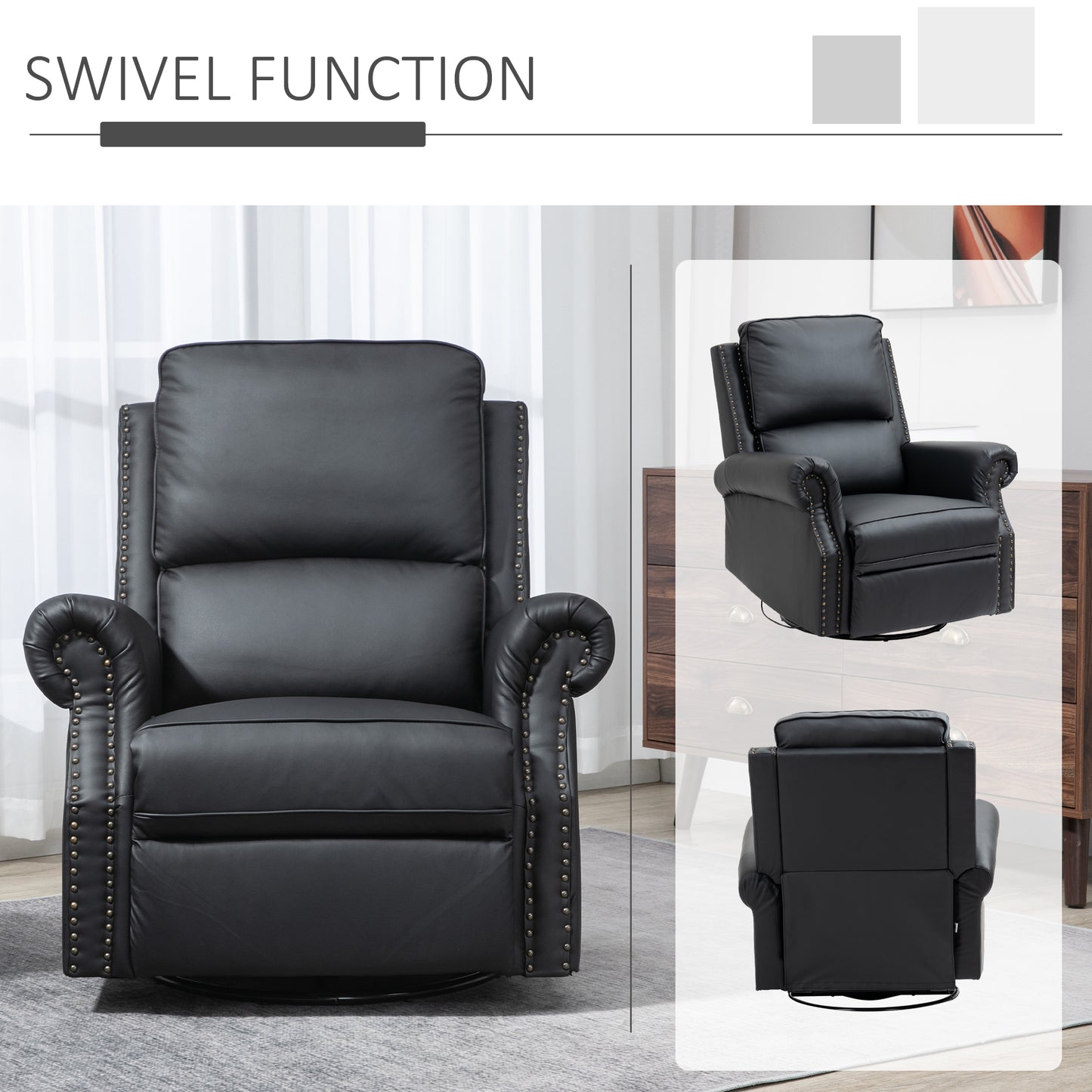 Manual Recliner Chair 360° Swivel Rocking Armchair Sofa with PU Leather Padded Cushion and Backrest for Living Room Black