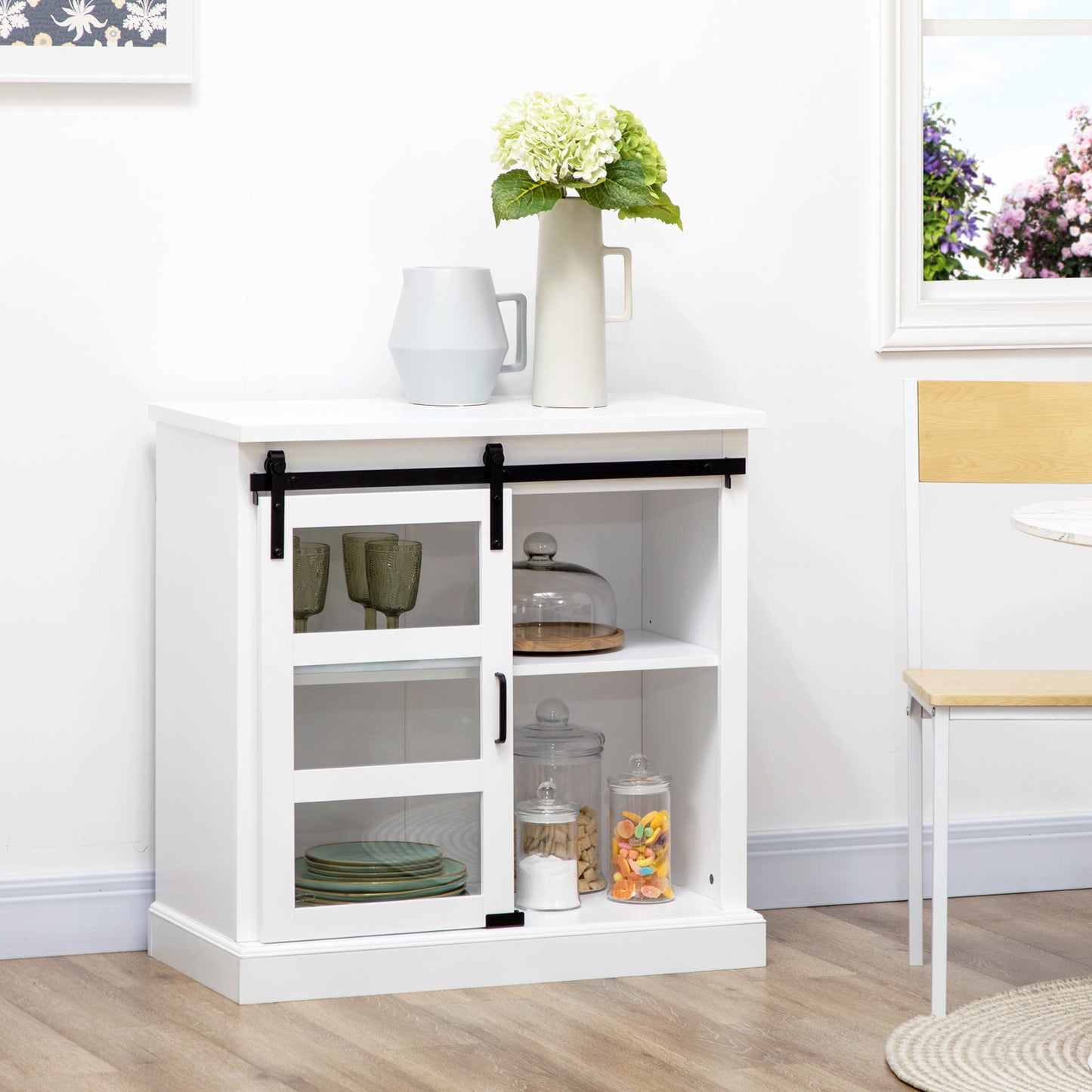 Buffet Cabinet Kitchen Storage Sideboard with Glass Sliding Door, Adjustable Shelf for Dining Room, White