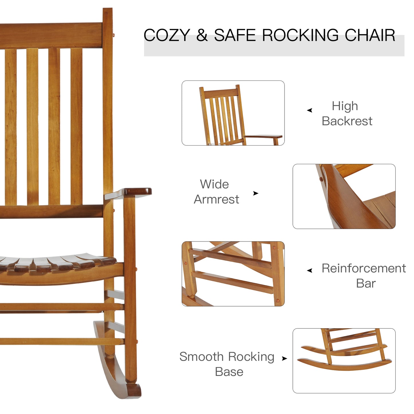 Wooden Porch Rocking Chair Outdoor Patio Rocker Garden Single Leisure Reclining Seat Armchair Natural