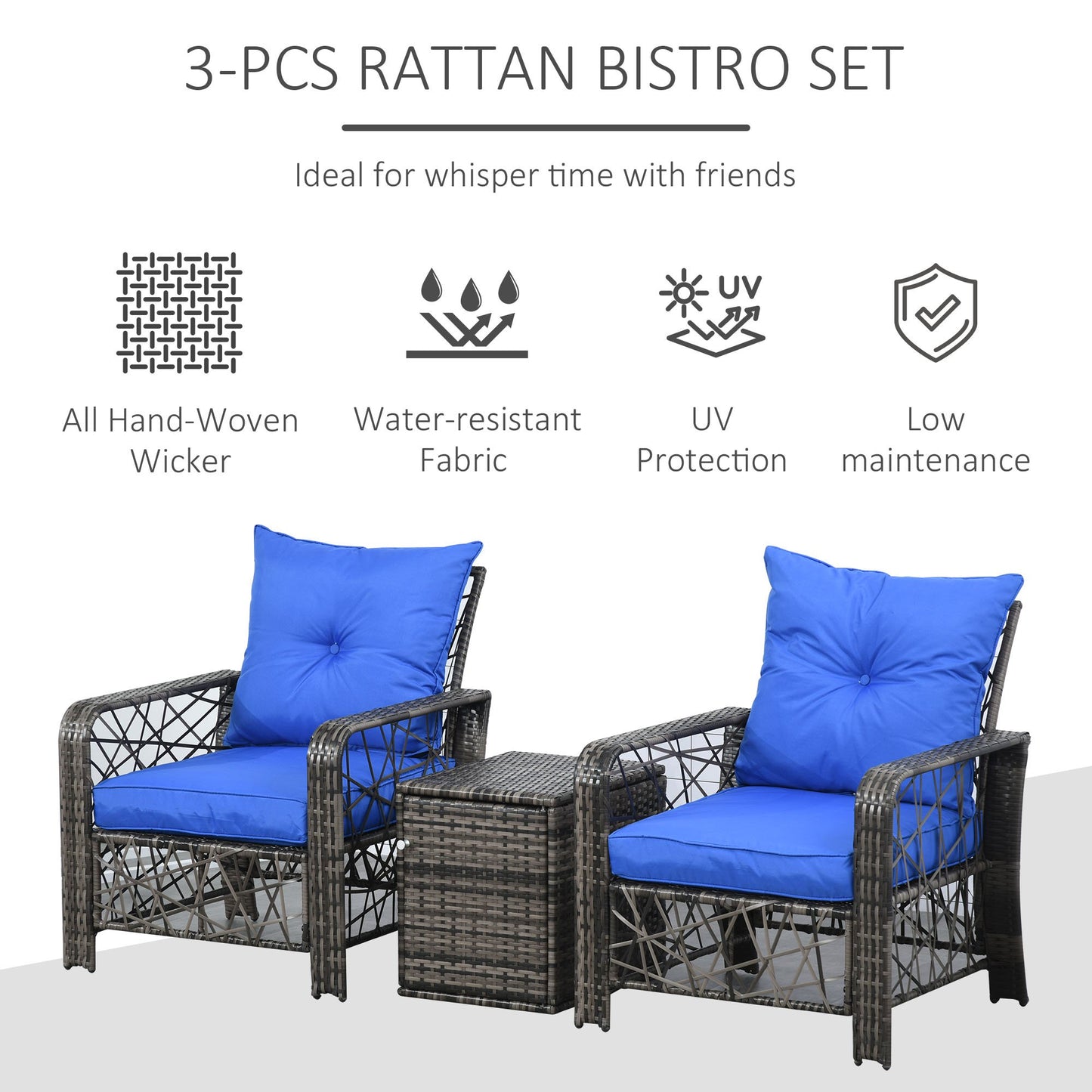 Outsunny 3 PCS Patio Wicker Coffee Table Set Bistro Conversation Furniture with Cushion & Storage Function Patio Yard Porch Blue