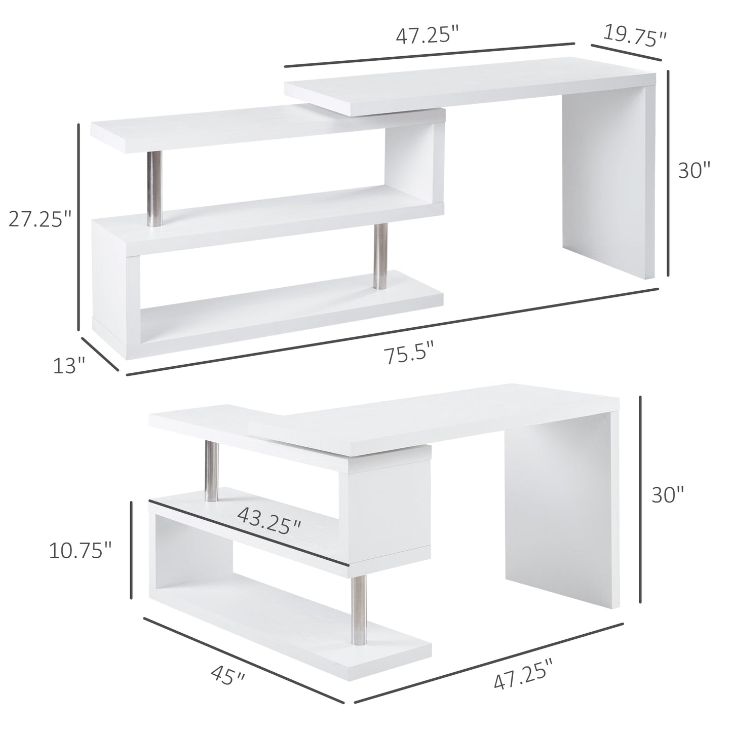 L-Shaped Desk, 360° Rotating Computer Corner Desk, Home Office Writing Table Workstation with Storage Shelf, White