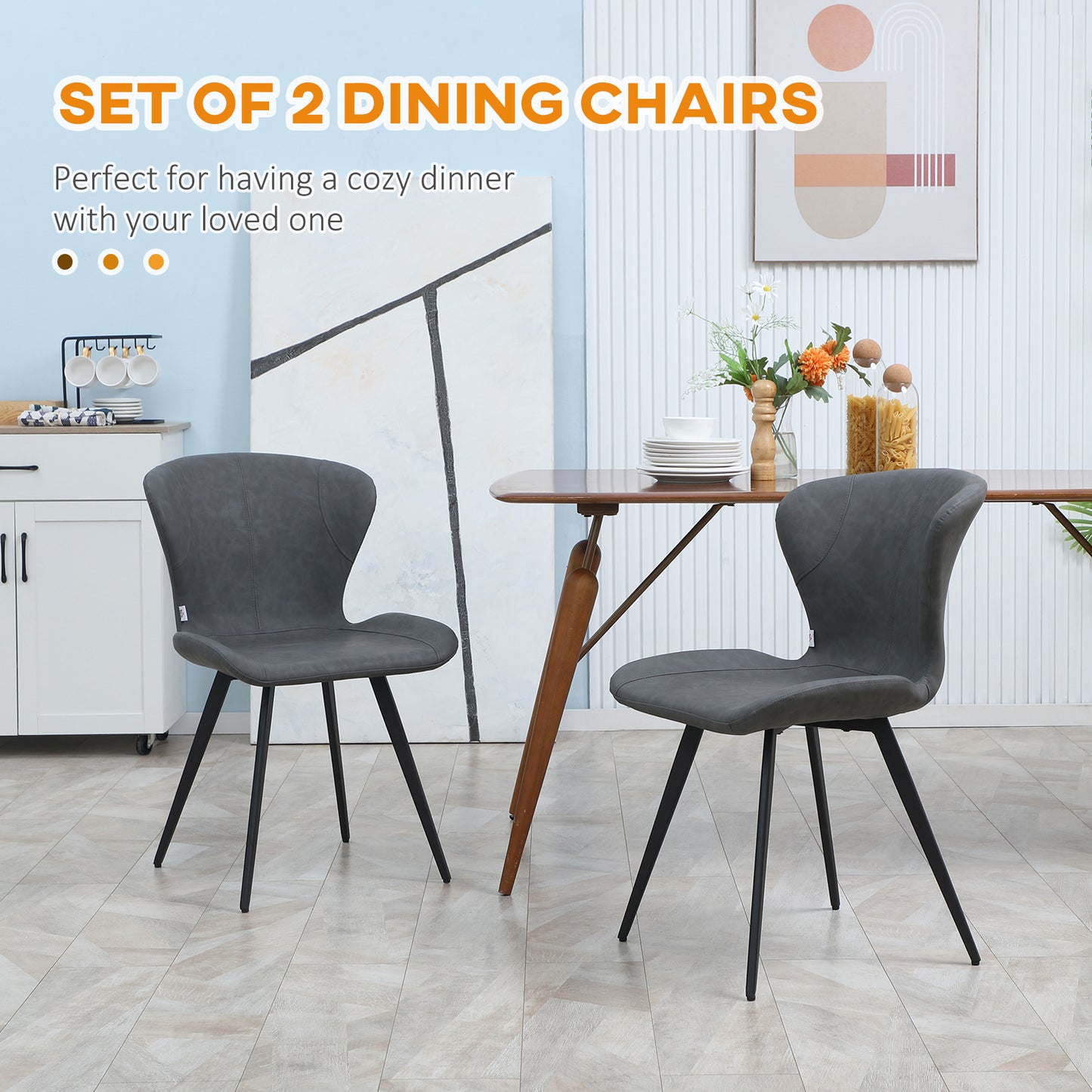 Mid-Century Dining Chairs Set of 2, PU Leather Accent Chairs, Armless Kitchen Chairs with Steel Legs for Living Room, Grey