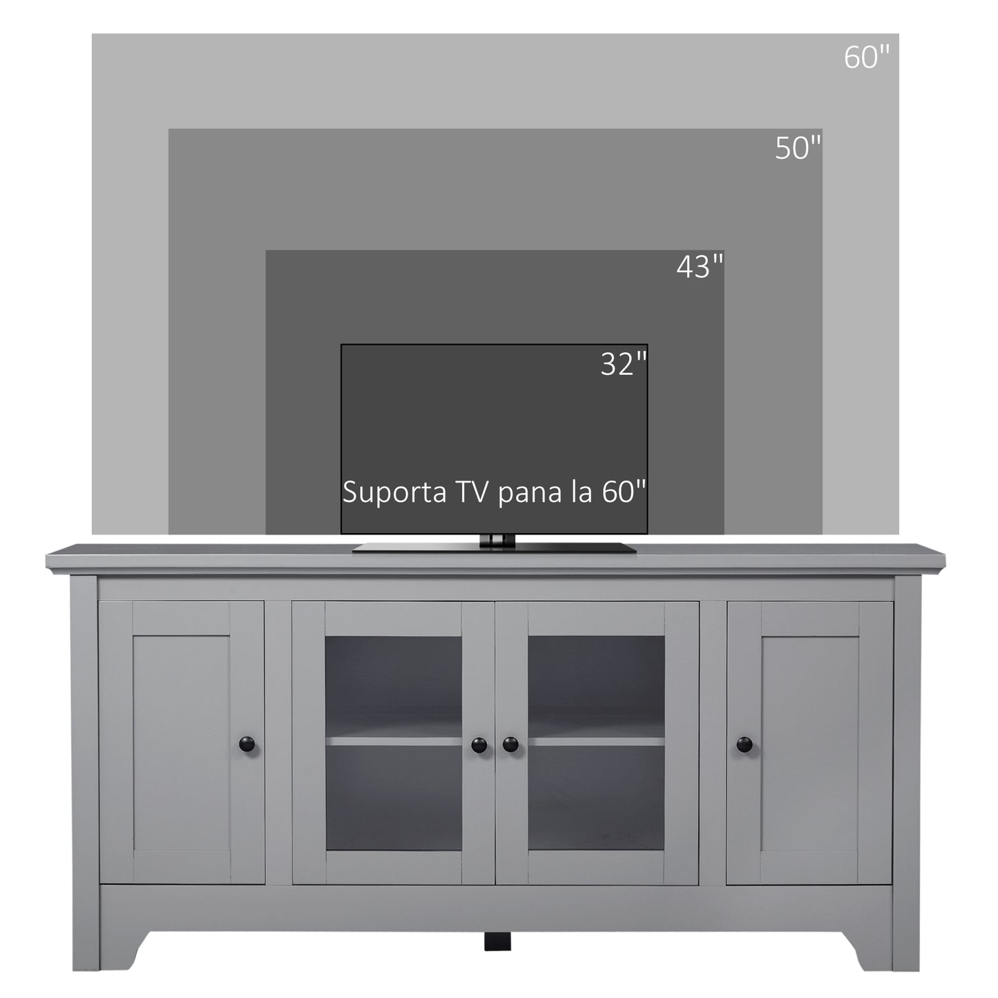 Modern TV Cabinet for TVs up to 60", TV Stand with Glass Door Cabinets and Adjustable Shelf, Media Console with Cupboards Cable Holes, Grey