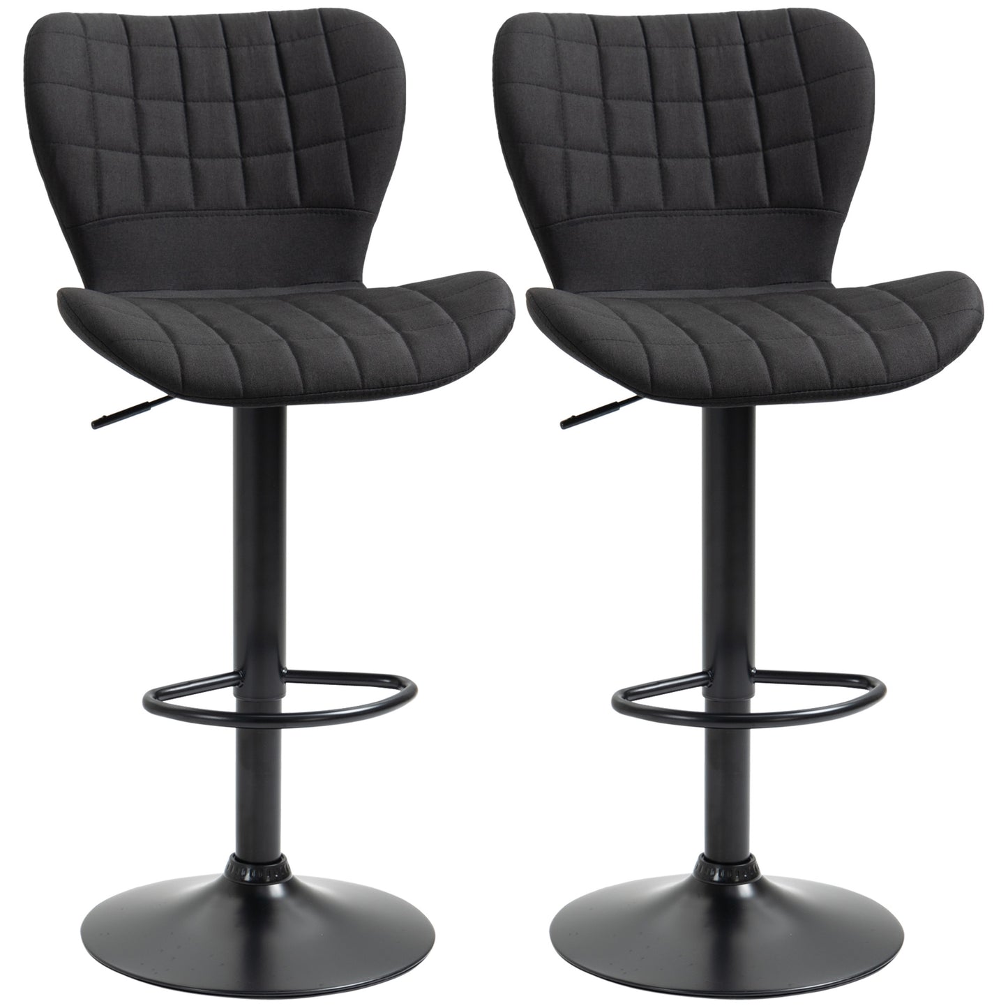 Bar Stools Set of 2 Adjustable Height Swivel Bar Chairs in Linen Fabric with Backrest & Footrest, Black