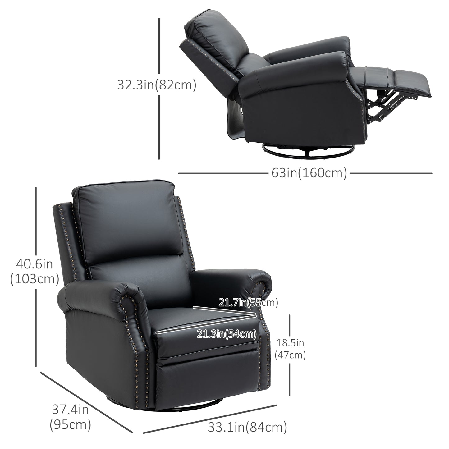 Manual Recliner Chair 360° Swivel Rocking Armchair Sofa with PU Leather Padded Cushion and Backrest for Living Room Black