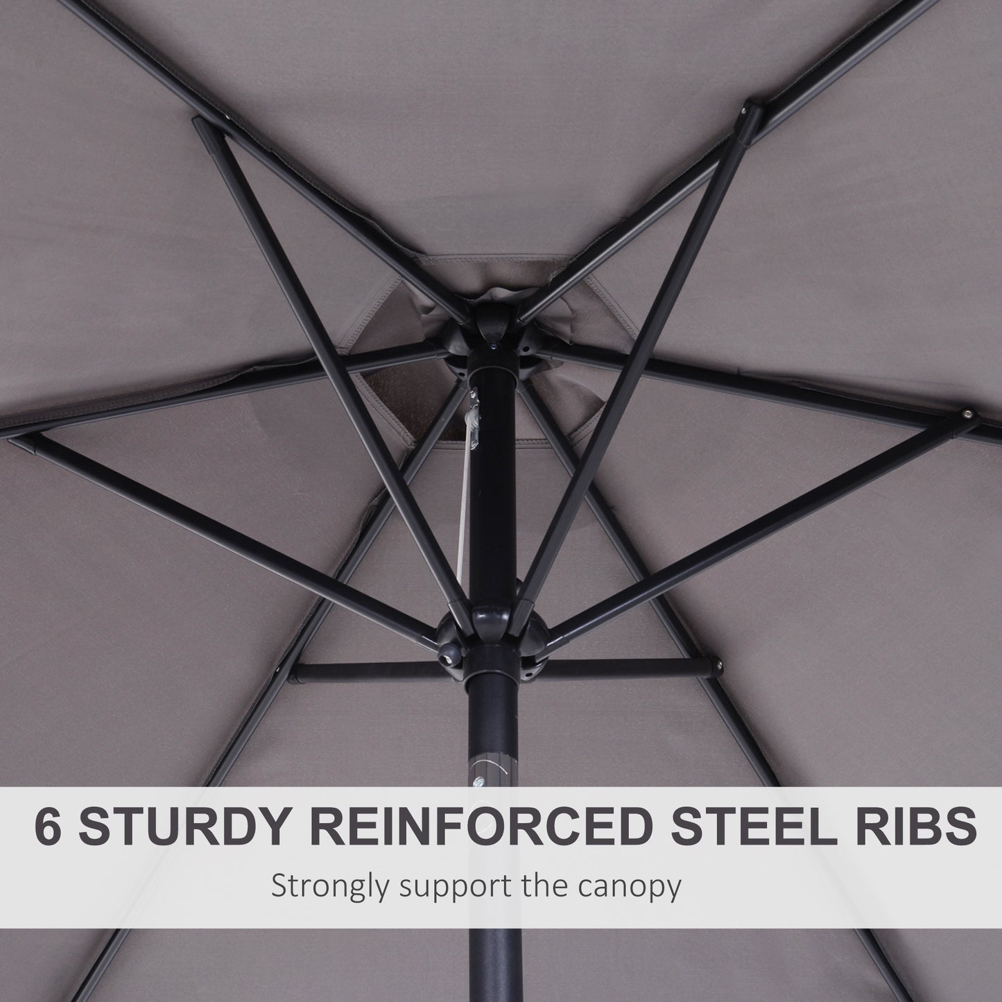 Outsunny 9' Round Aluminum Patio Umbrella 6 Ribs Market Sunshade Tilt Canopy w/ Crank Handle Garden Parasol Grey