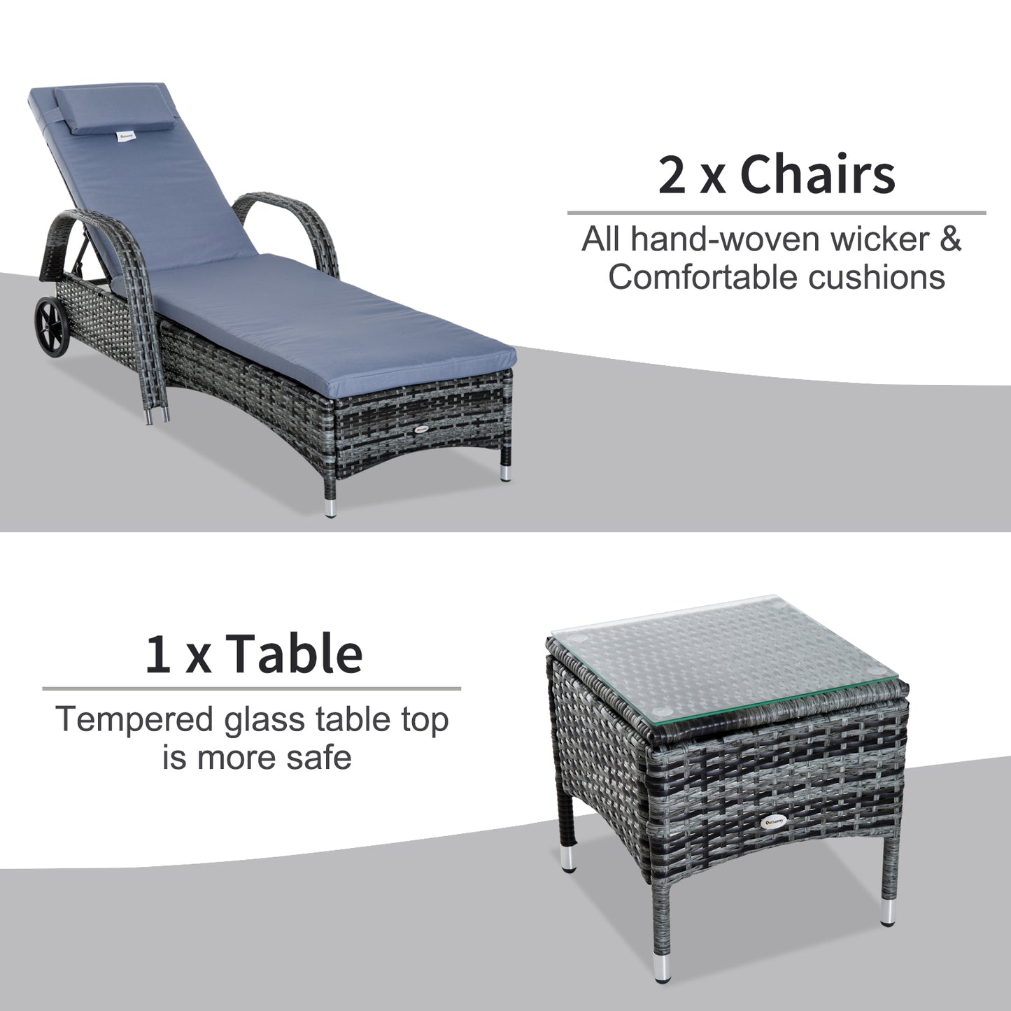 Outsunny 3 Pieces Patio Rattan Chaise Lounge Set, Outdoor PE Wicker Reclining Lounger Furniture Set, Adjustable Portable with Wheeled & Side Table, Grey