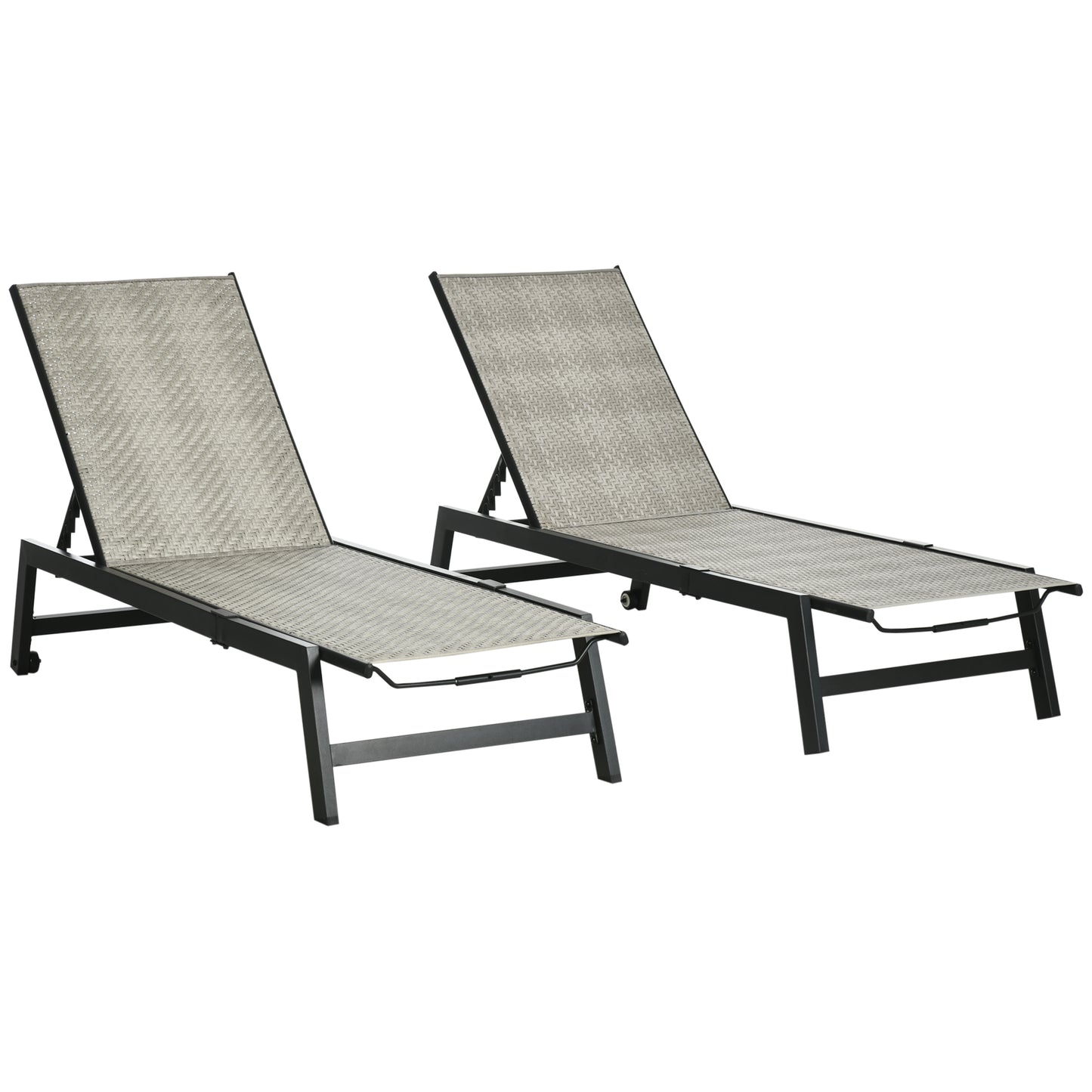 Outsunny 2 Pieces Wicker Patio Lounger, PE Rattan Outdoor Lounge Chair Set, Sun Lounger Set w/ 5-Position Backrest and Wheels, for Sun Room, Garden, Poolside, Light Gray