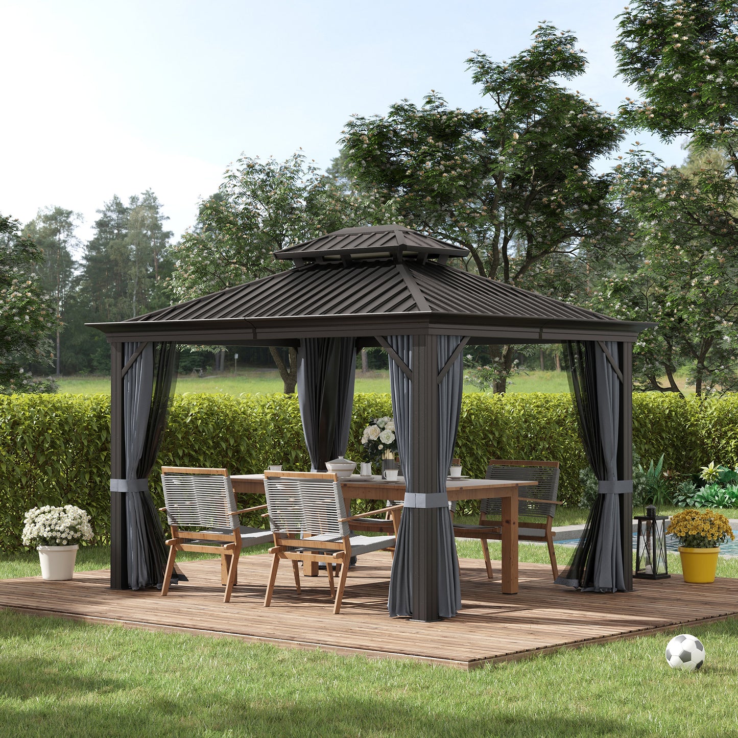 Outsunny 12' x 10' Outdoor Hardtop Gazebo with Galvanized Steel Canopy & Netting Sidewalls for Lawn, Backyard, Dark Grey