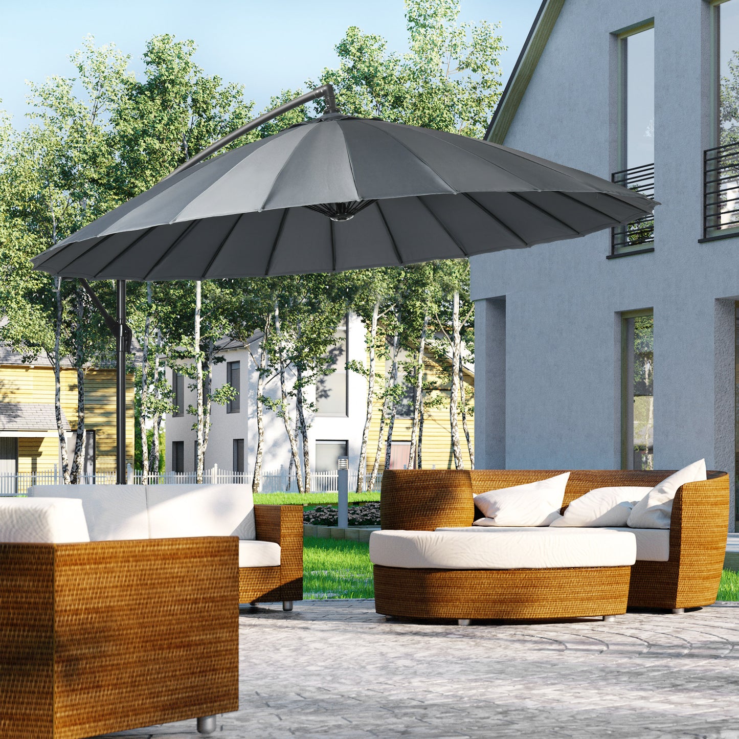 Outsunny 10FT Cantilever Patio Umbrella, Offset Patio Umbrella with Crank and Cross Base for Deck, Backyard, Pool and Garden, Hanging Umbrellas, Dark Gray