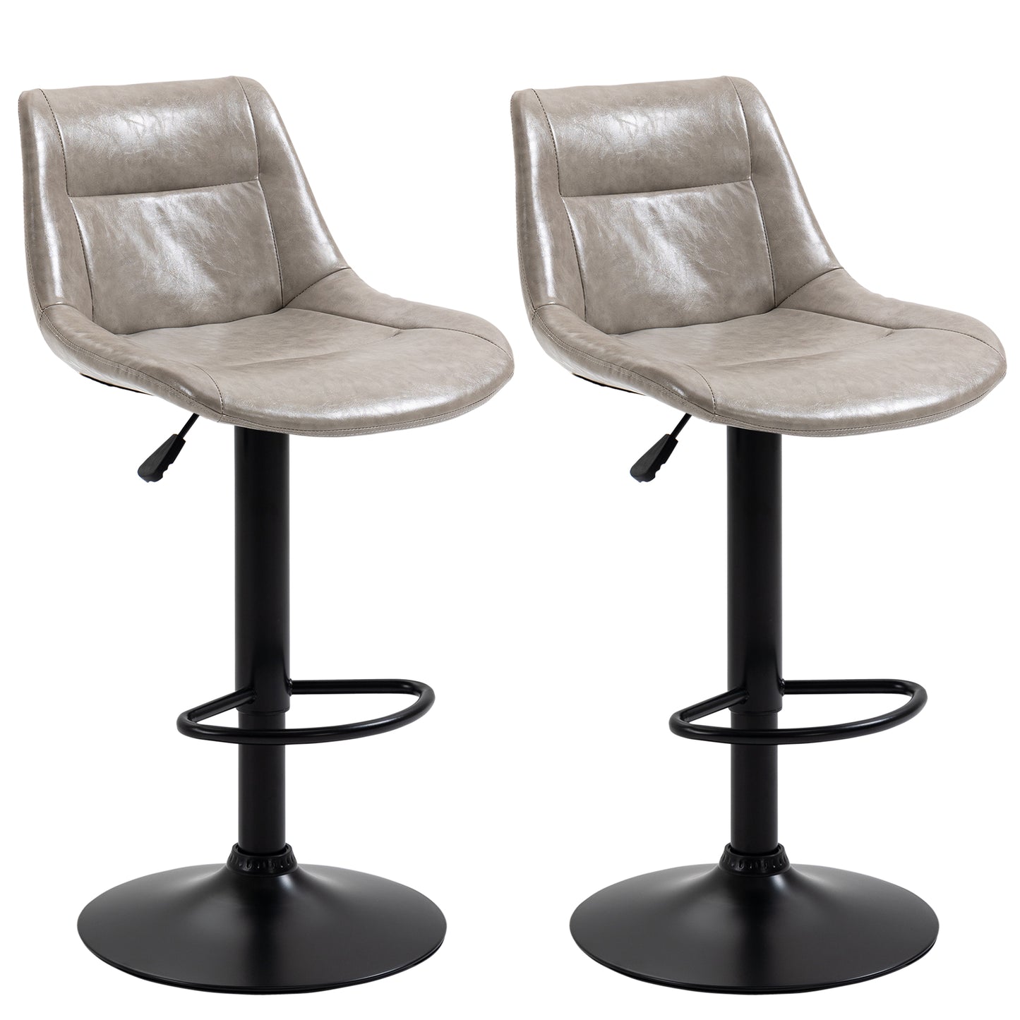 Adjustable Bar Stools Set of 2, Modern Kitchen Stools, 360 Degree Swivel Bar Height Chairs in PU Leather with Footrest, Grey