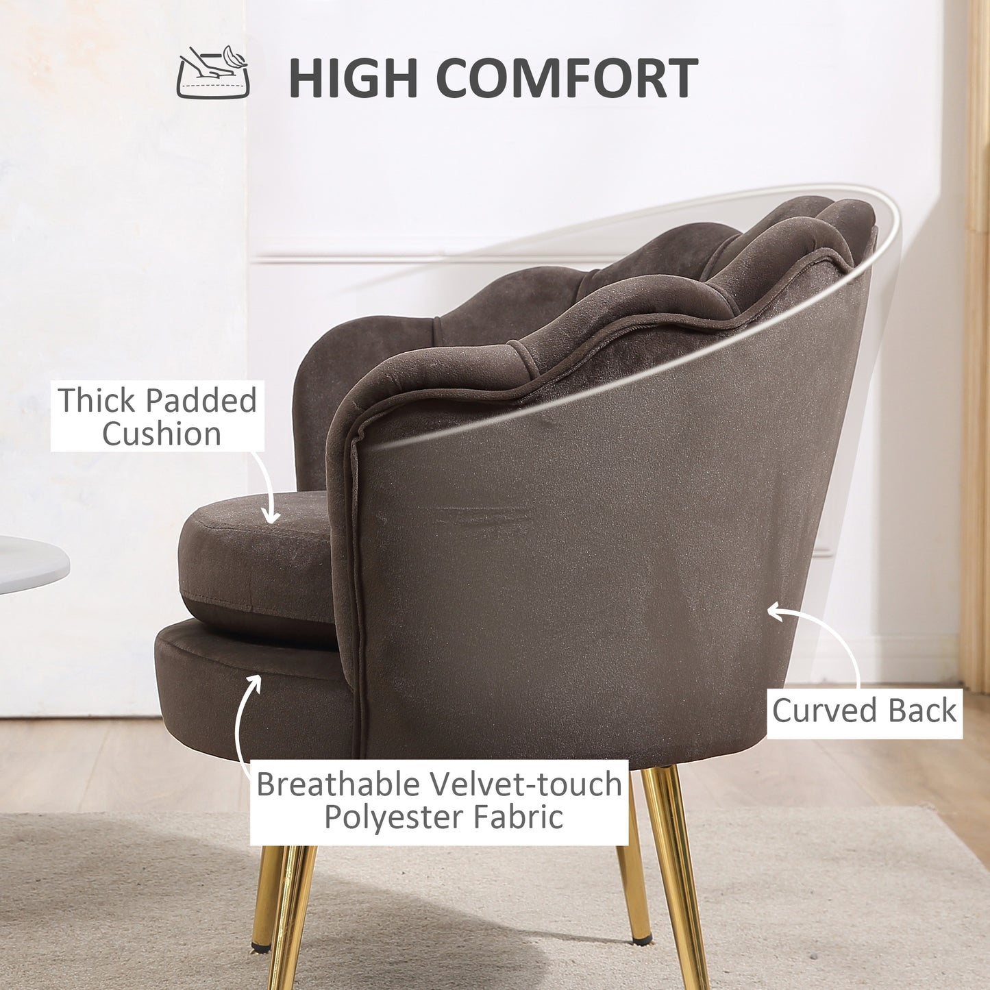 Modern Accent Chair, Velvet-Touch Fabric Leisure Club Chair with Gold Metal Legs for Bedroom, Grey