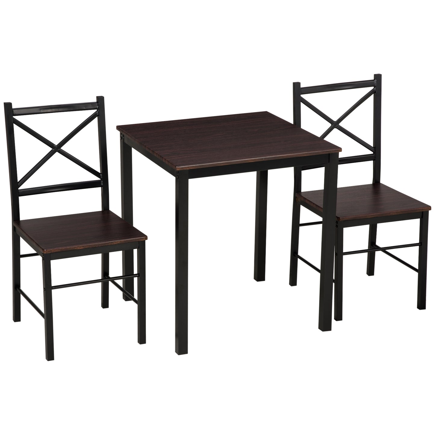 Industrial Dining Table Set of 3, Square Kitchen Table with 2 Chairs Steel Frame Footrest for Small Space, Dark Coffee