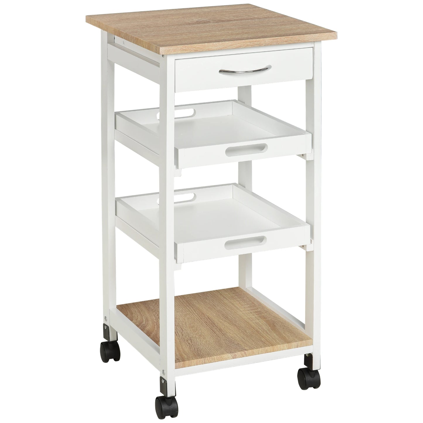 4-Tier Kitchen Cart Serving Trolley with Drawer, Pull Out Trays, Rolling Wheels for Dining Living Room, White