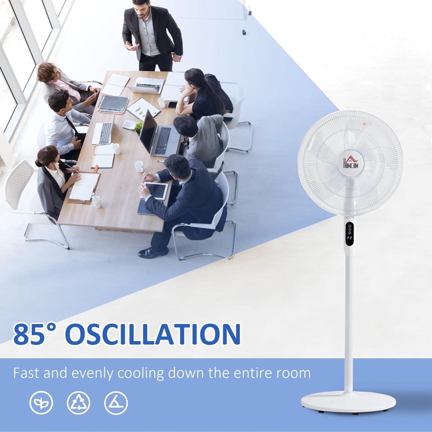 Floor Standing Fan with Remote Control, Oscillating, LED Screen, Stand Up Cooling Fan, Tall Pedestal Electric Fan for Home Bedroom, White