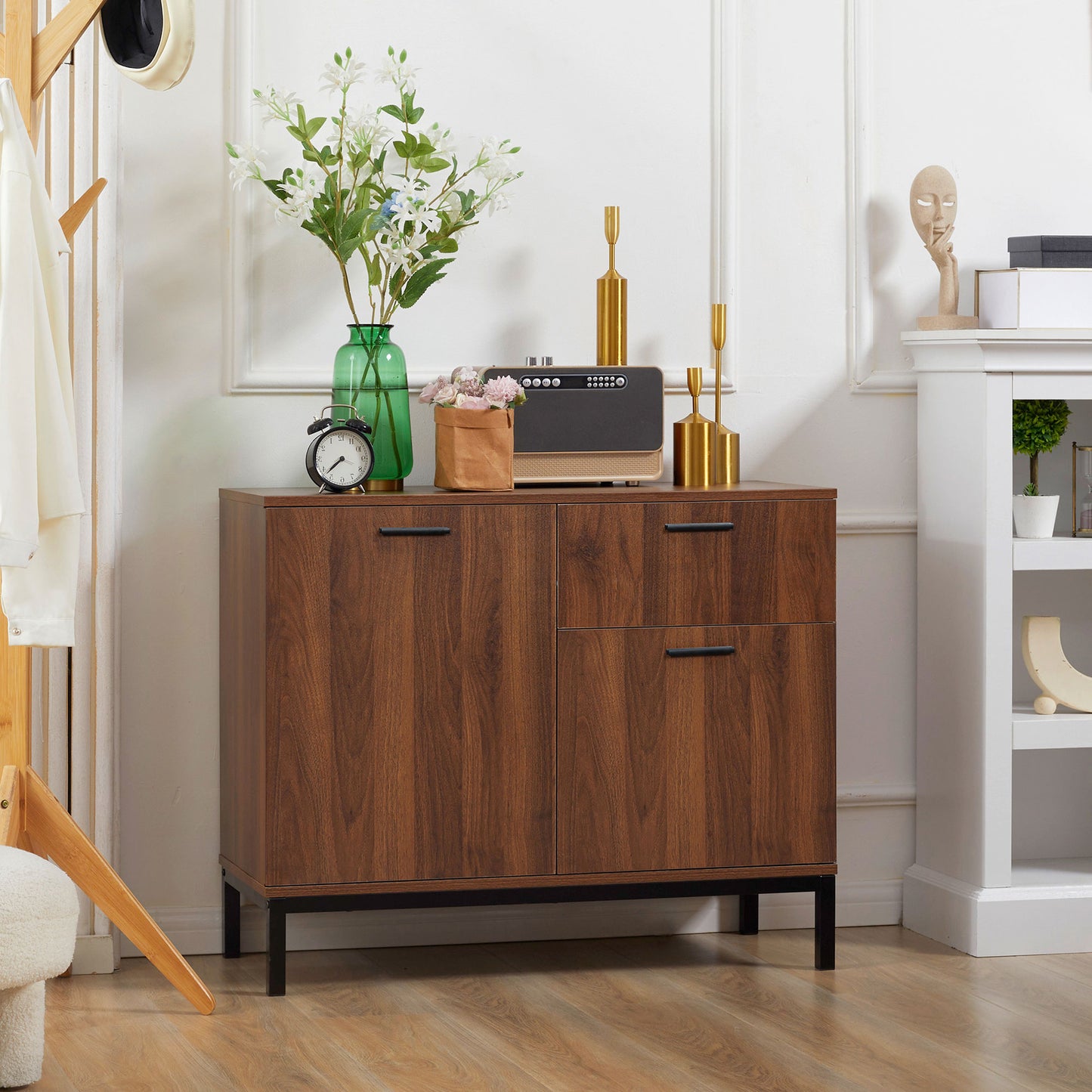 Kitchen Cabinet, Storage Cabinet, Sideboard Floor Accent Cabinet w/ Drawer, Enclosed Cabinet & Adjustable Shelves for Living Room, Dining Room, Bedroom, Entryway, Walnut Brown