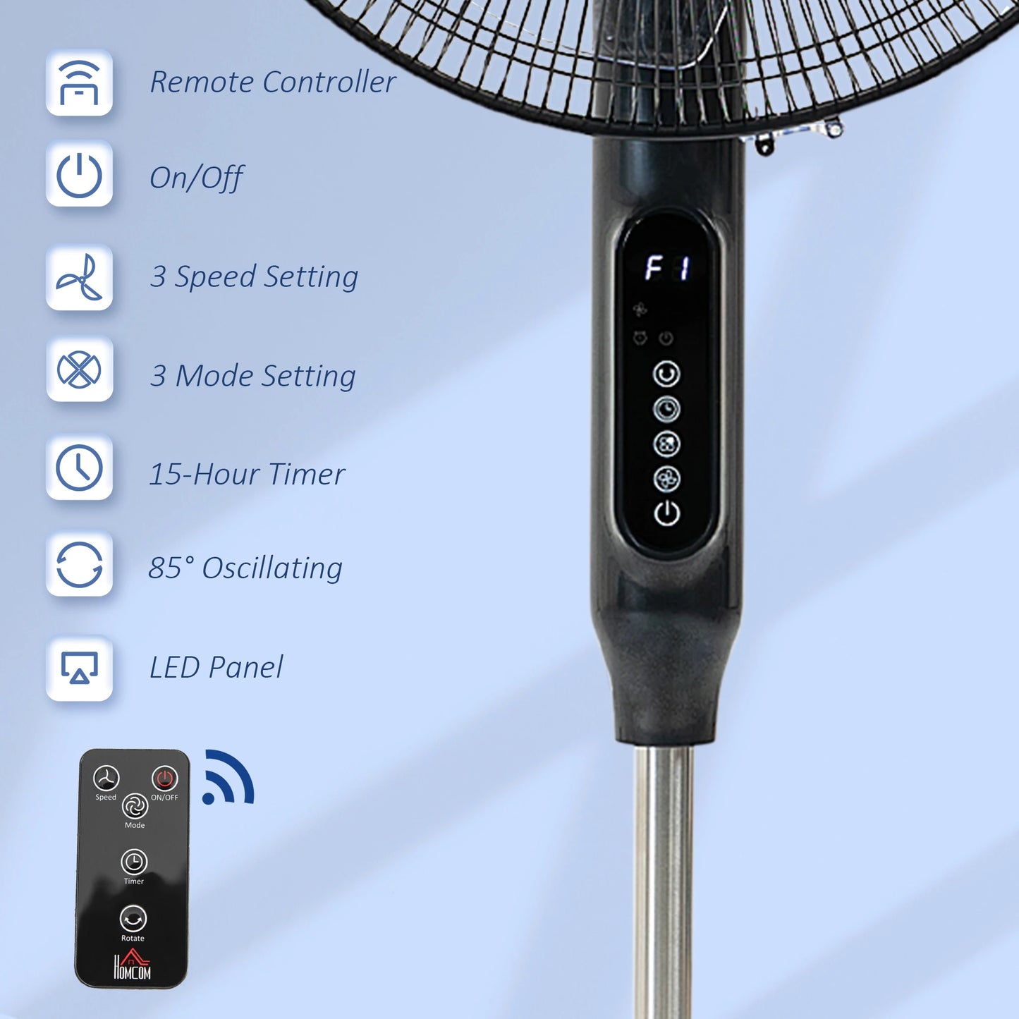 Standing Floor Fan with Remote Control, Stand Up Cooling Fan, Tall Pedestal Electric Fan for Bedroom, Black