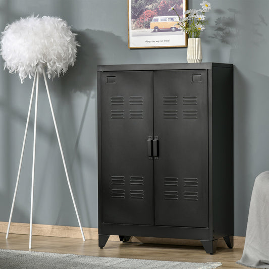 2-Tier Steel Storage Cabinet with 2 Louvered Doors for Office, Garage, Warehouse, Black