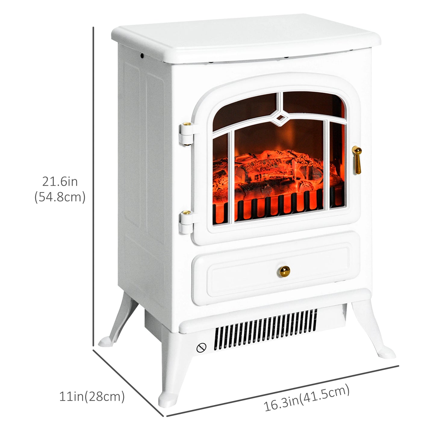 16" Free Standing Electric Fireplace Portable Adjustable Stove with Heater Wood Burning Flame 750/1500W White