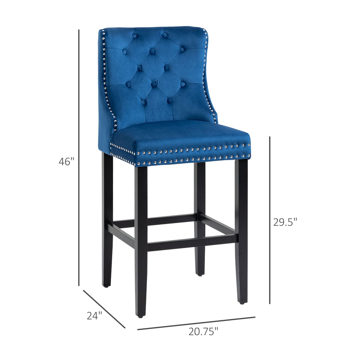 Upholstered Fabric Bar Stool Set of 2, Button Tufted 29.5" Seat Height Pub Chairs with Back & Wood Legs, Blue