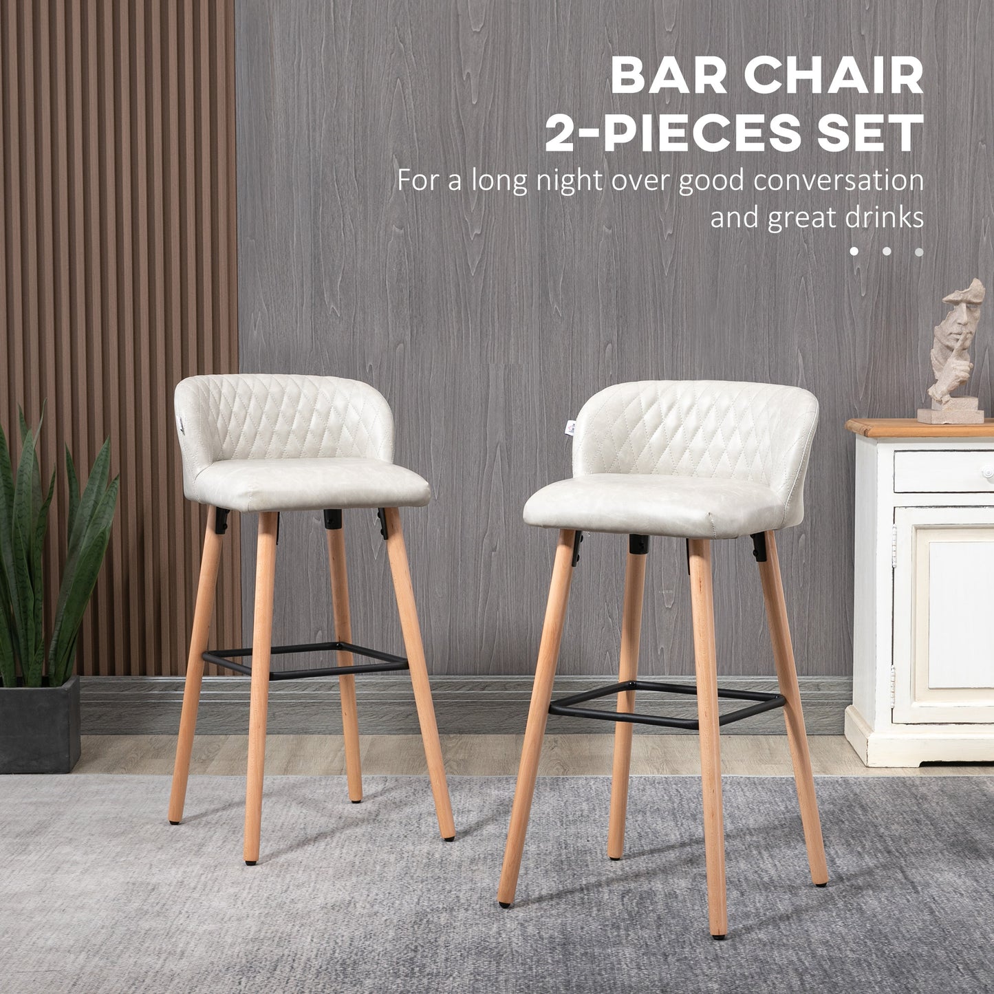 Bar Stool Set of 2 PU Leather Padded Counter Height Bar Stools with Footrest and Adjustable Feet for Home Kitchen White