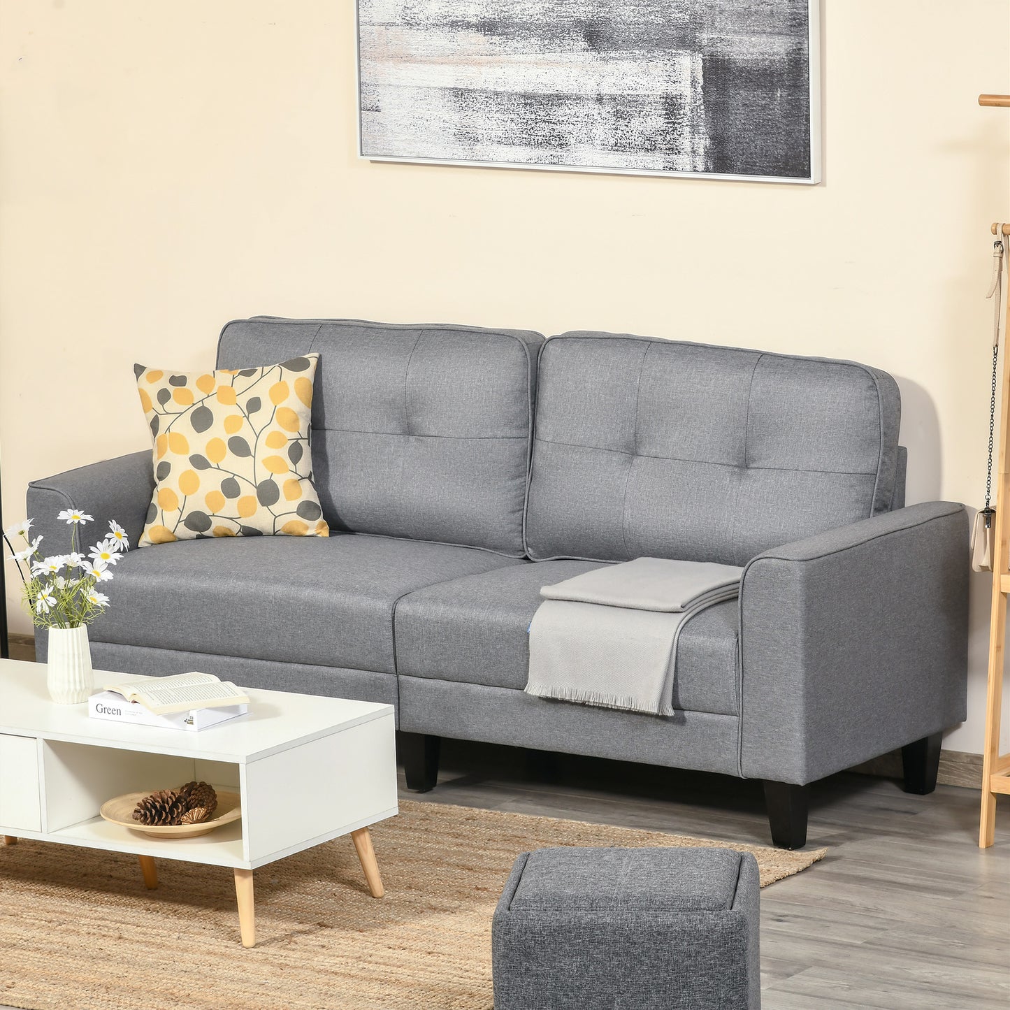 3-Seater Sofa, Mid-Century Linen Futon Couch with Upholstered Seat, Button-Tufted Back Cushion and Rubber Wood Legs for Living Room, Bedroom, Grey