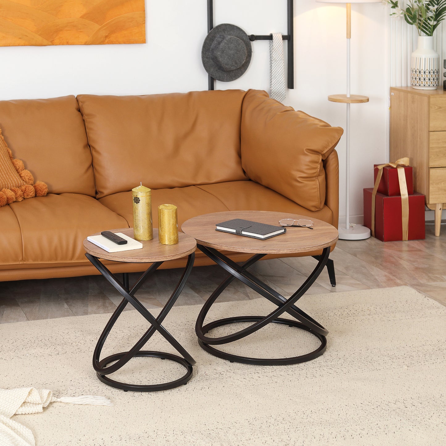 Industrial Coffee Table with Round Tabletop, Center Table with Steel Frame, 15.7"x15.7"x19.7", Light Brown