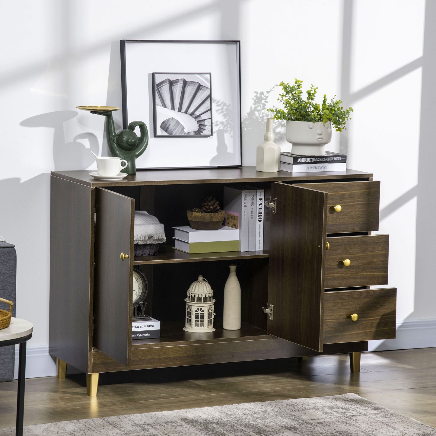 Modern Sideboard, Storage Cabinet, Accent Cupboard with 3 Drawers, Adjustable Shelf for Kitchen, Dining Room, Living Room, Brown