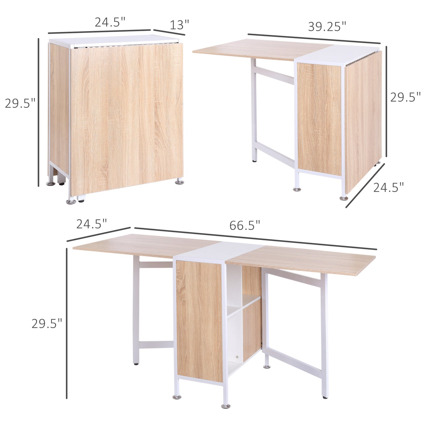 Multi-use Space Saving Folding Dining Table with Hideaway Shelves for Kitchen, Dining, Study and Office