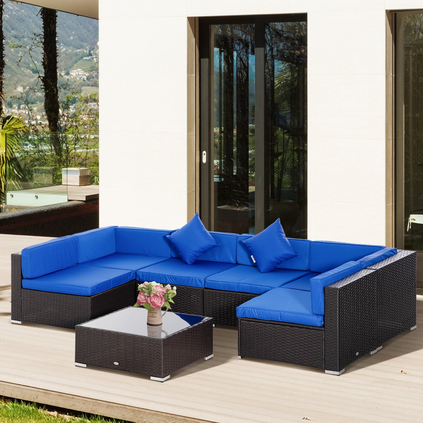 Outsunny 7 Pieces Outdoor Rattan Furniture Set, Patio Wicker Sectional Conversation Sofa Set w/ Cushions & Tempered Glass Coffee Table, Perfect for Garden, Lawn, and Deck, Blue