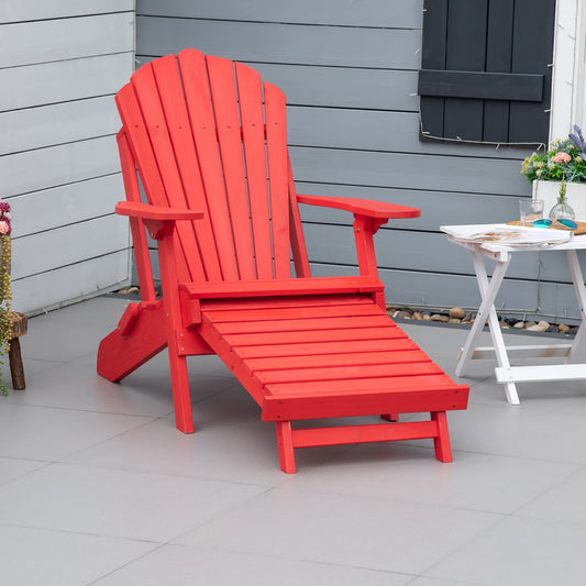 Outsunny Folding Adirondack Chair with Ottoman, Outdoor Wooden Lounger for Patio, Porch, Poolside, Garden, Red