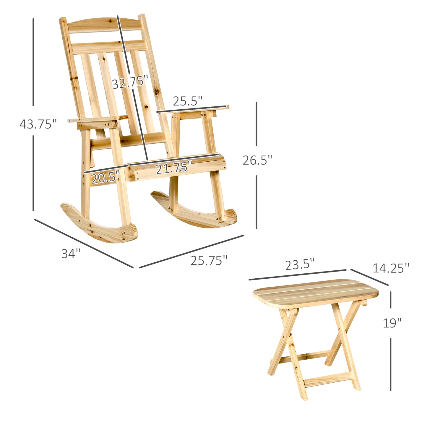 2 Pieces Patio Wooden Rocking Chair Set, Outdoor Rocker Sets with High Back Armchair and Foldable Side Table for Backyard, Garden, Porch, Natural