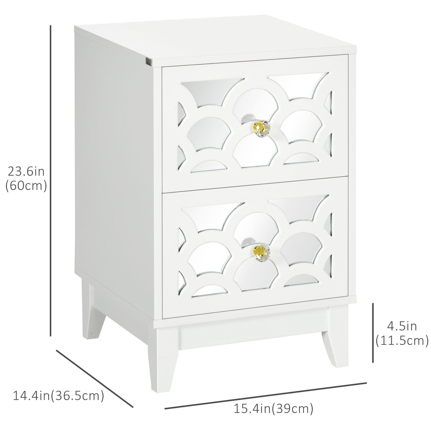 Modern Bedside Table, Side End Table with Drawers and Front Mirror, 15.4"x14.4"x23.6", White