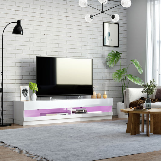 High Gloss TV Stand Cabinet for TVs up to 65", Entertainment Center with LED Light, Media Console with Storage, White