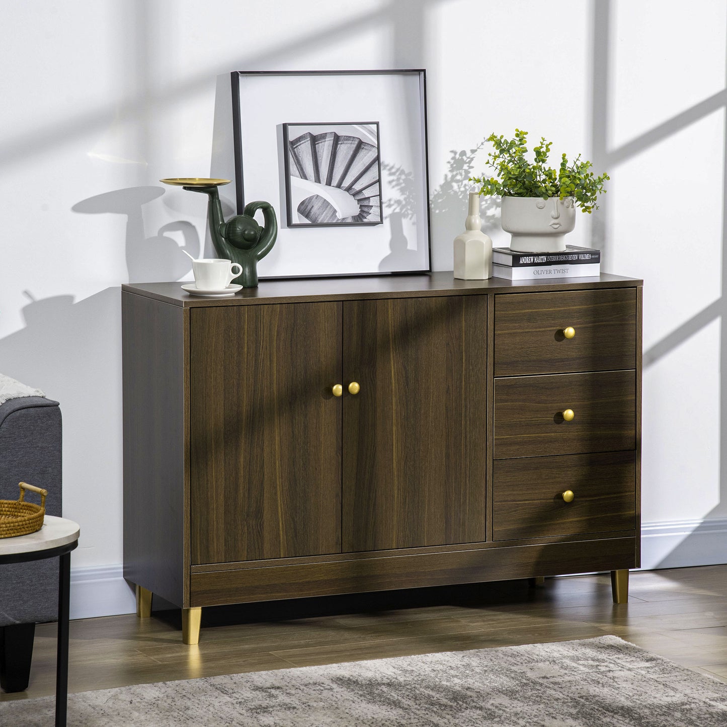 Modern Sideboard, Storage Cabinet, Accent Cupboard with 3 Drawers, Adjustable Shelf for Kitchen, Dining Room, Living Room, Brown