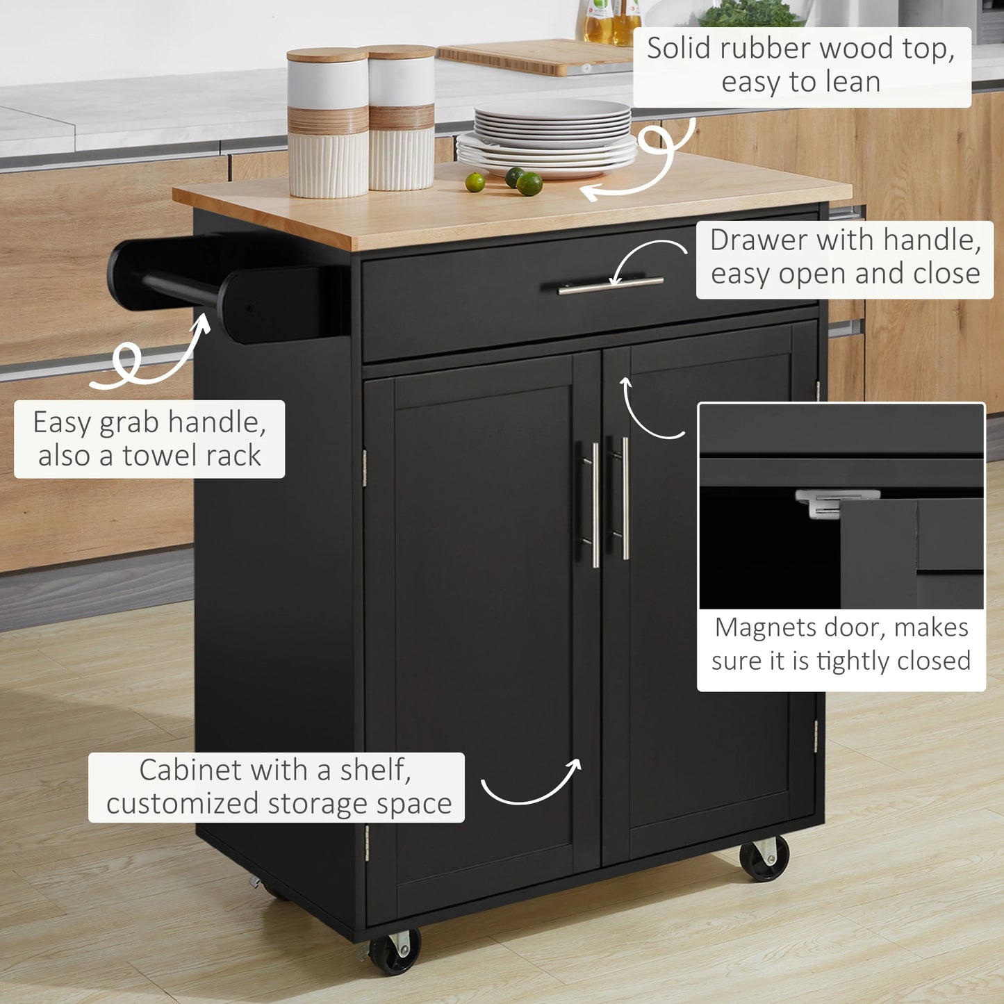 Rolling Kitchen Island Cart with Wood Top, Enough Storage Drawer Space with Towel Bar Rack Shelves, Portable Kitchen Utility Serving Cart Trolley on Wheels, Black