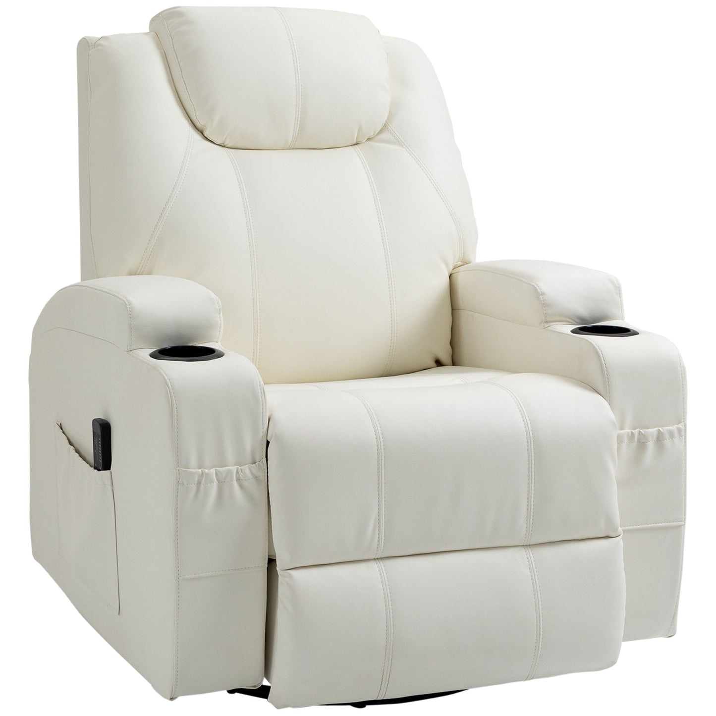 Faux Leather Recliner Chair with Massage, Vibration, Muti-function Padded Sofa Chair with Remote Control, 360 Degree Swivel Seat with Dual Cup Holders, Cream White