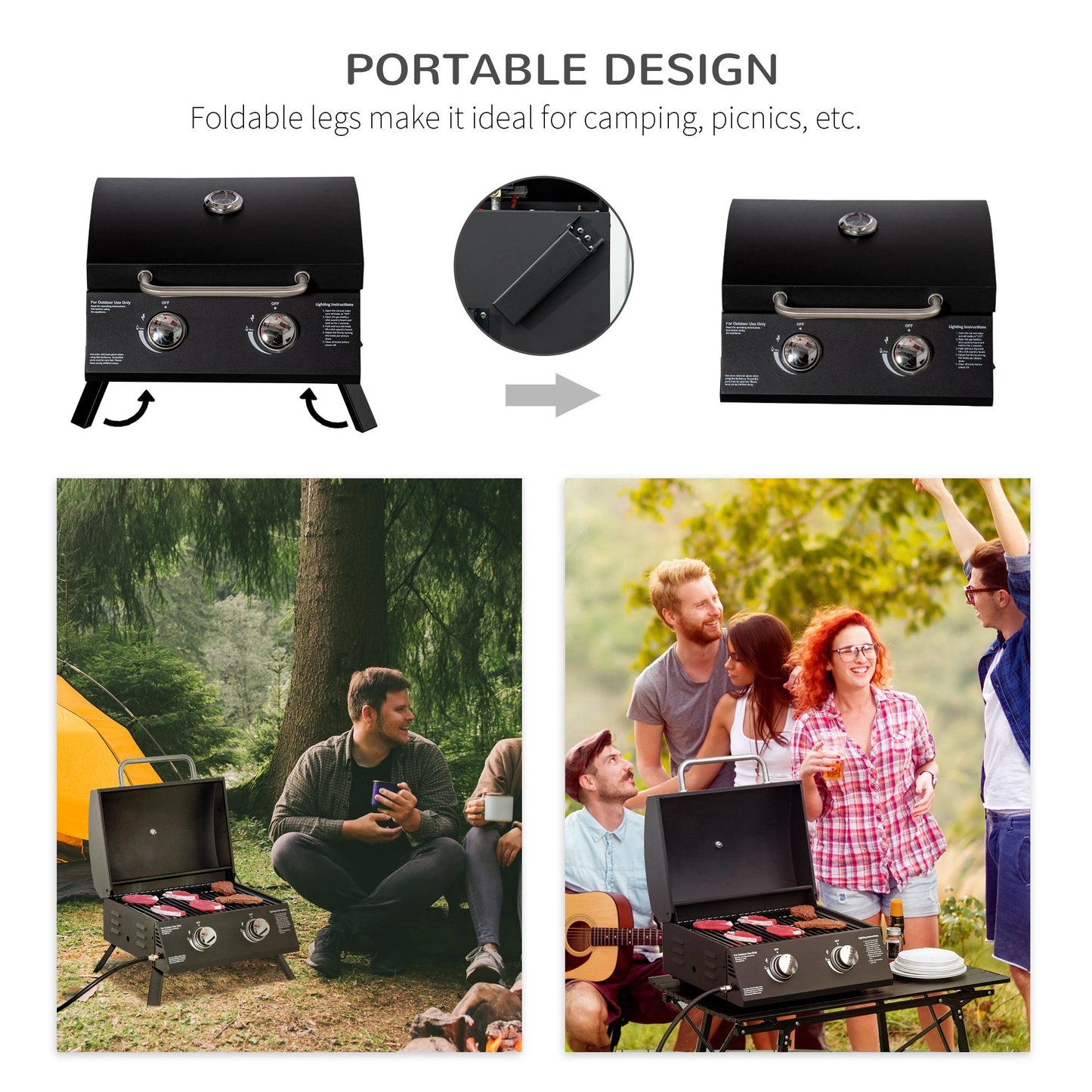 Outsunny 2 Burner Propane Gas Grill Outdoor Portable Tabletop BBQ with Foldable Legs w/ Lid, Thermometer for Camping, Picnic, Backyard, Black