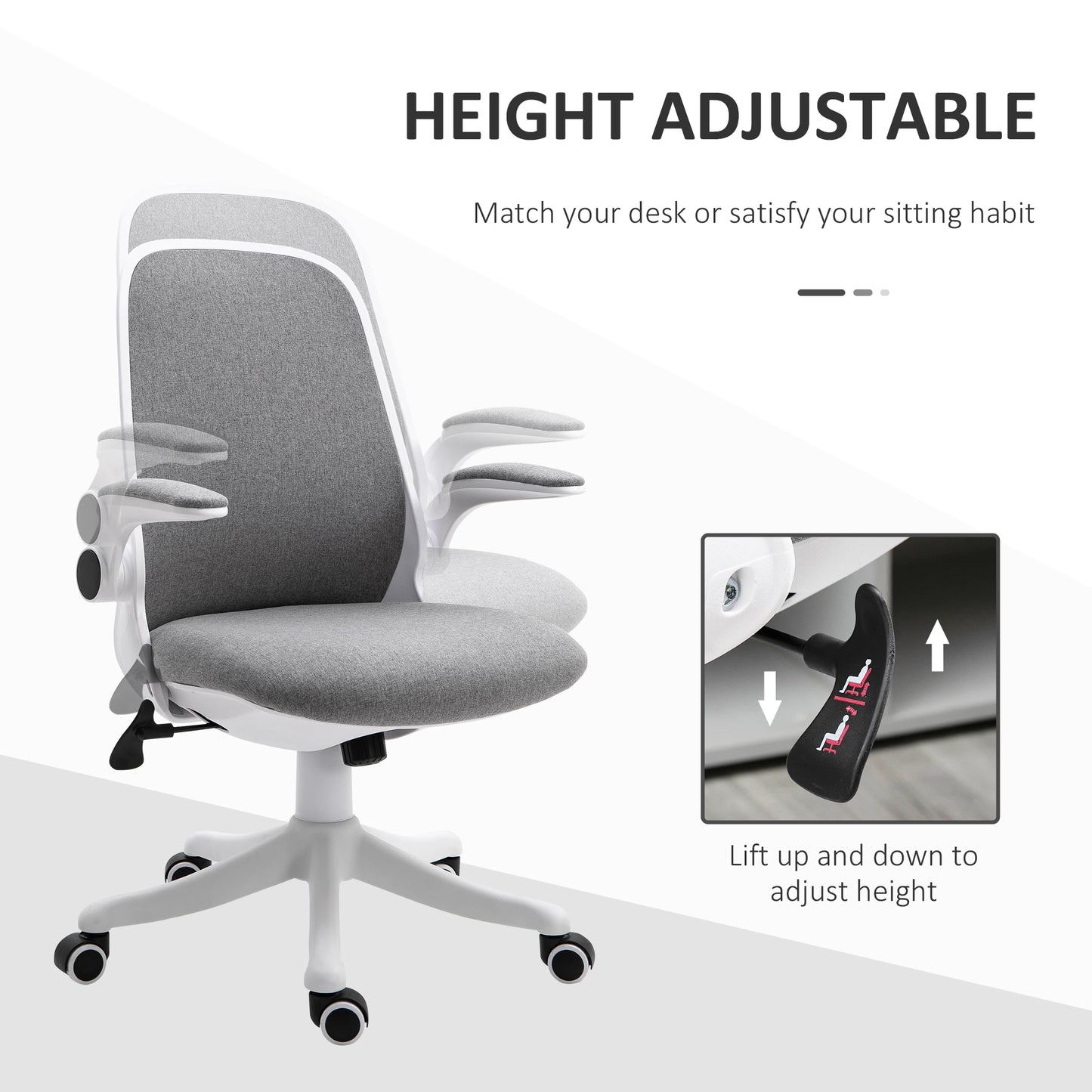 360° Swivel Task Desk Office Chair Breathable Fabric Computer Chair with Flip-up Arms and Adjustable Height, Grey