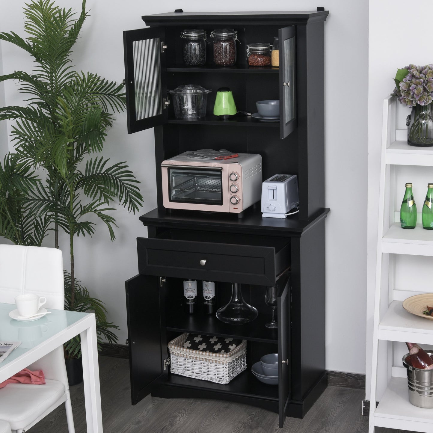 Tall Colonial Style Kitchen Pantry Storage Cabinet W/ Adjustable Shelves Black