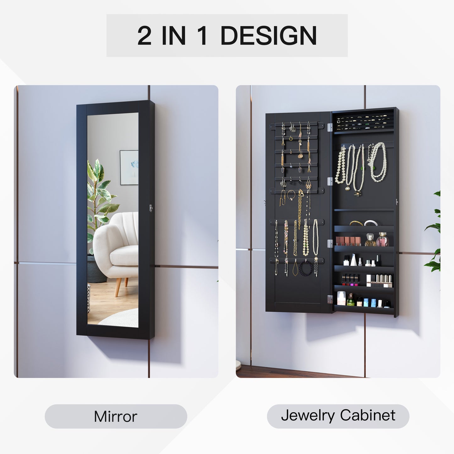 Black Mirrored Jewelry Cabinet Hanging Wall Door Mount Real Glass Mirror Locked, Black