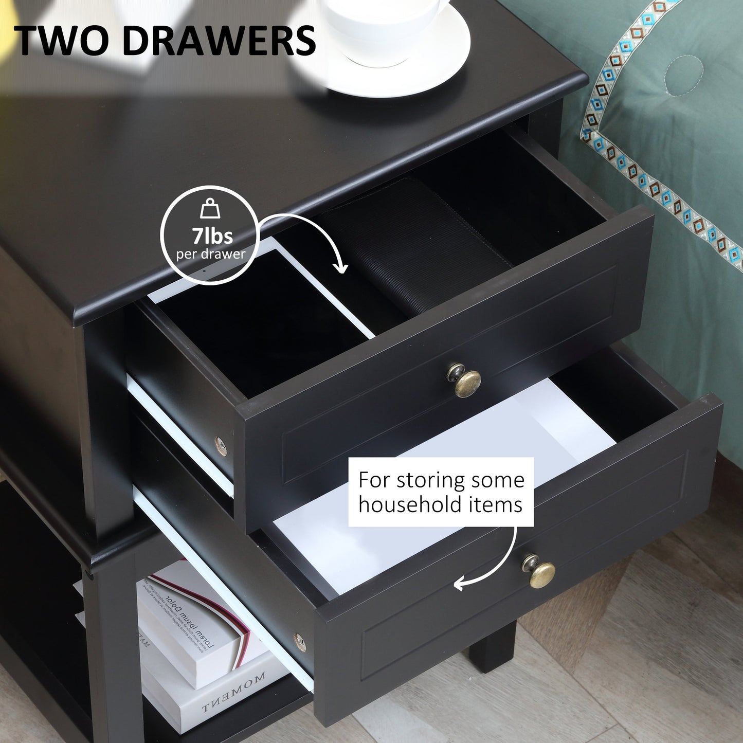 Modern Sofa Side Table, Accent End Table with Drawers and Storage Shelf, Nightstand for Bedroom Living Room, Black