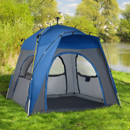 Outsunny Instant Automatic Camping Tent w/ 4 Doors and 4 Windows, Outdoor Easy Pop Up Tent, Portable Backpacking Dome Shelter, 4 Person, Grey