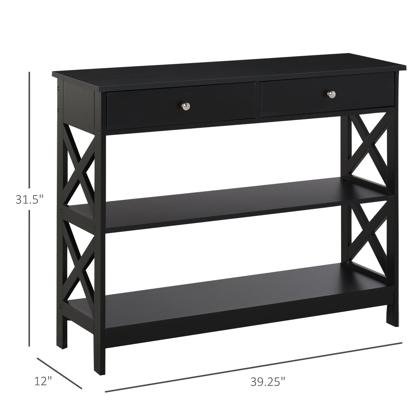 Console Table Sofa Side Desk with Storage Shelves Drawers X Frame for Living Room Entryway Bedroom Black