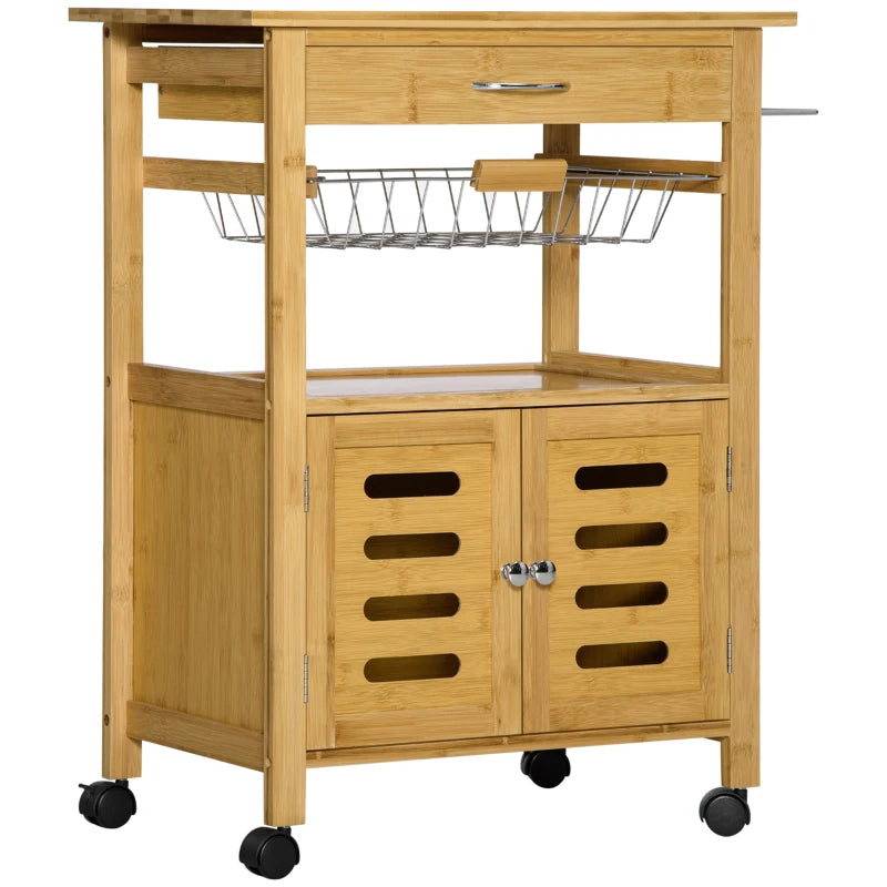 Rolling Kitchen Island Cart, Utility Bamboo Storage Rack, Serving Cart with Drawer, Wire Basket and Cabinet for Dining Room, Natural