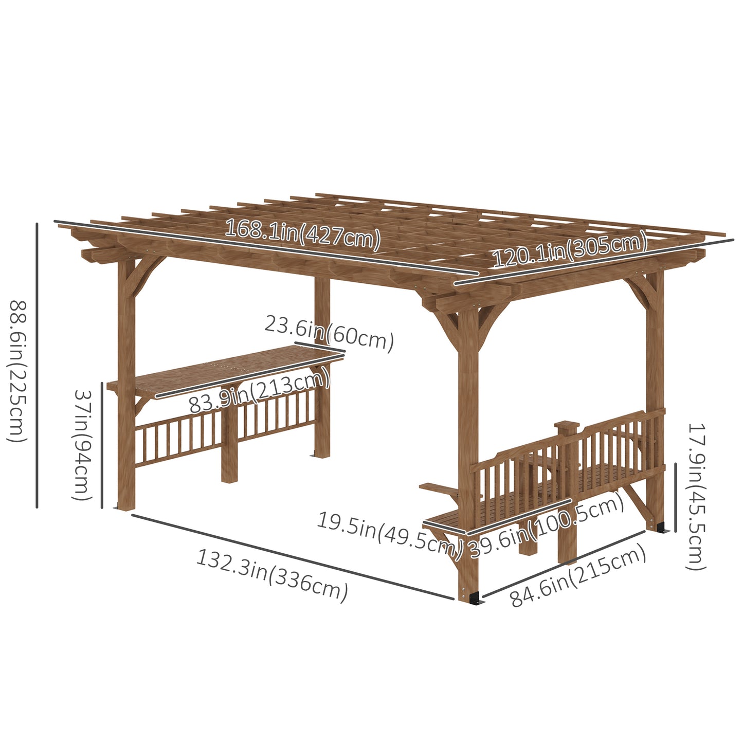 14' x 10' Outdoor Pergola, Wooden Gazebo Grill Canopy with Bar Counters and Seating Benches, for Garden, Patio, Backyard, Deck