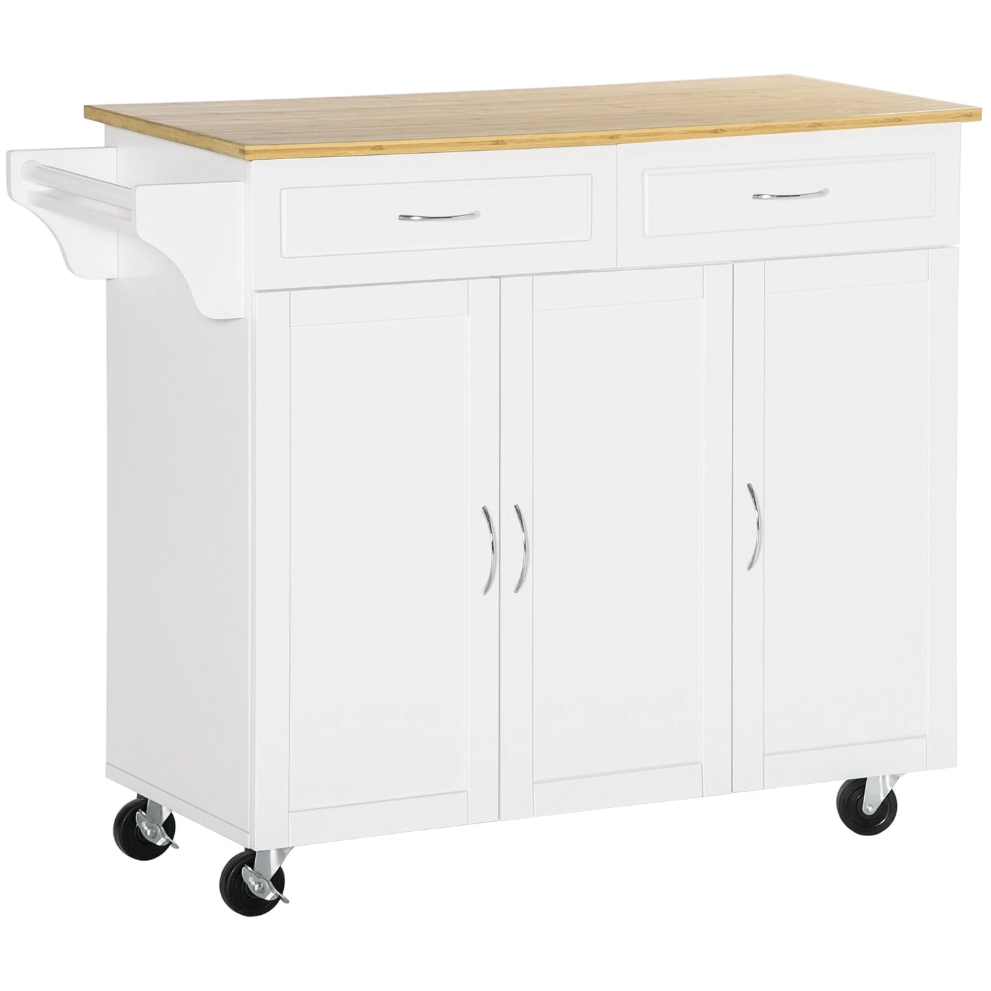 Rolling Kitchen Island Cart on Wheels with Large Bamboo Countertop, 2 Cabinets with Drawers, Adjustable Shelves, White